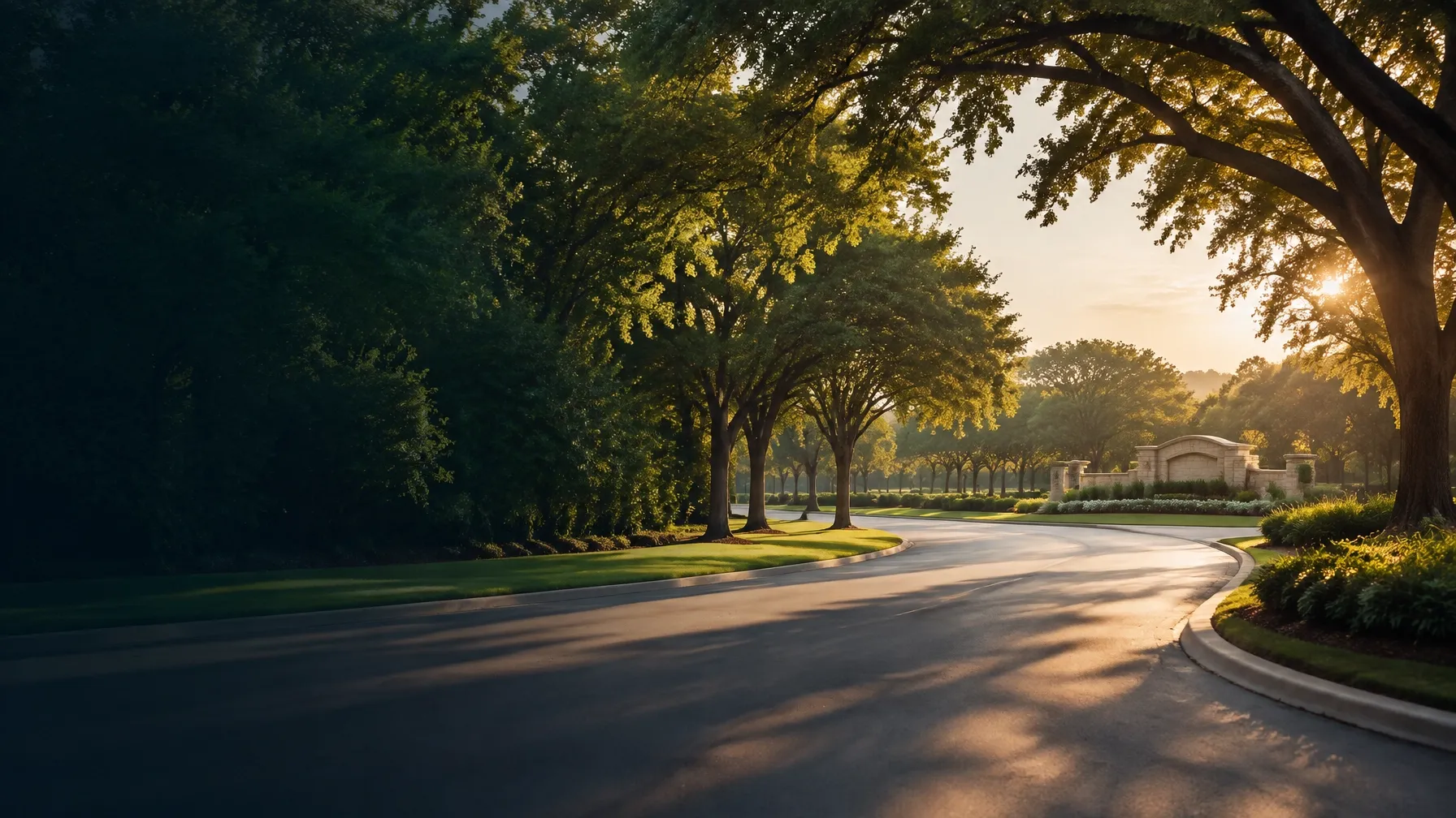 Tree-lined entrance to a Texas community in warm morning light