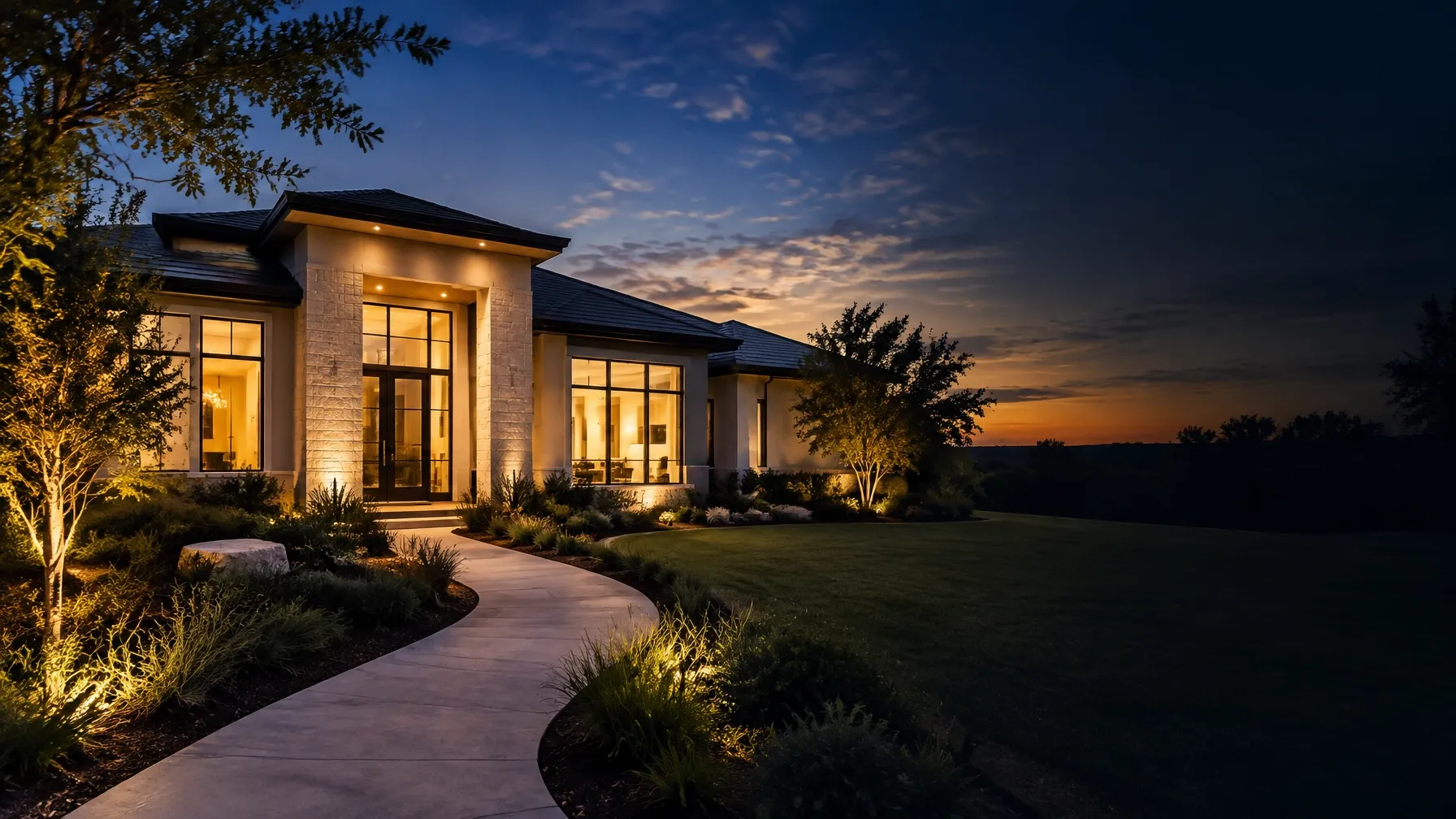 Warmly lit generic upscale Texas home exterior at dusk