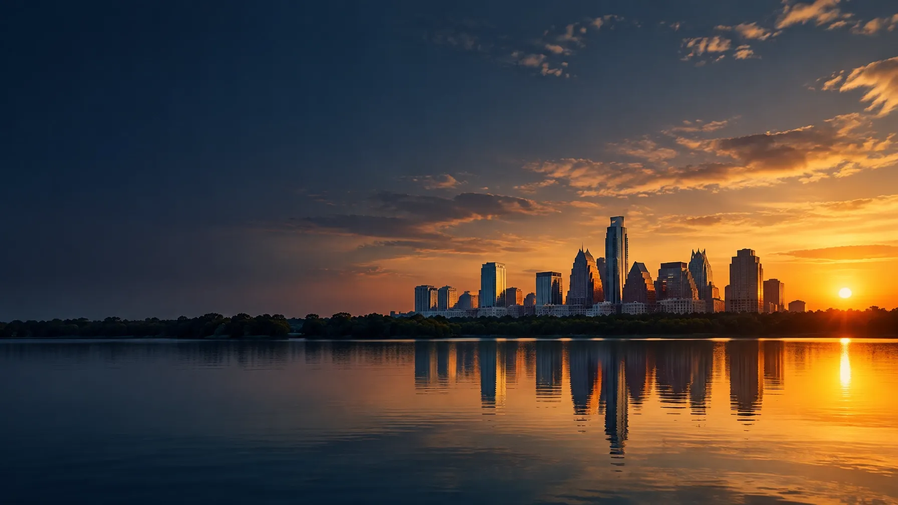 Texas skyline and tree line reflected in calm water at sunset
