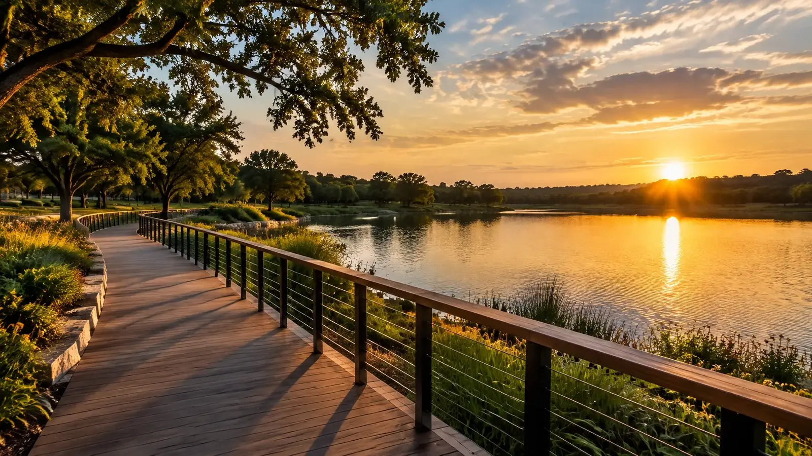 Mature Texas trees and a calm community waterway at sunset